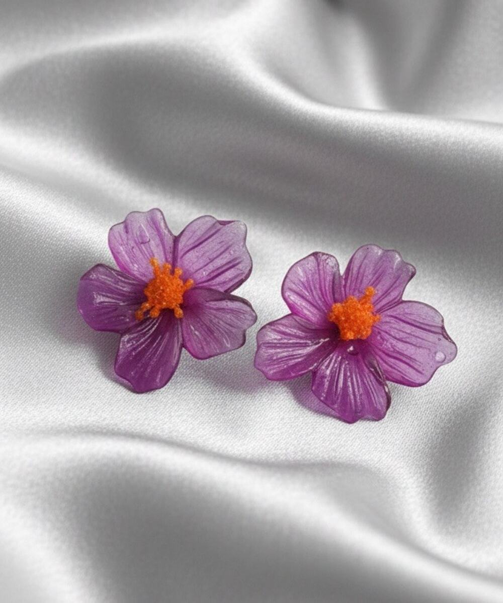 Zara Earrings Flower Bead Rice Gold Boho Statement Stud Purple Exaggerated